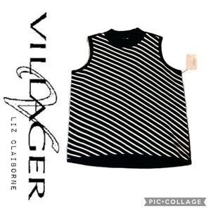 NWT Villager by Liz Claiborne Black sleeveless turtleneck w/white striping sz1